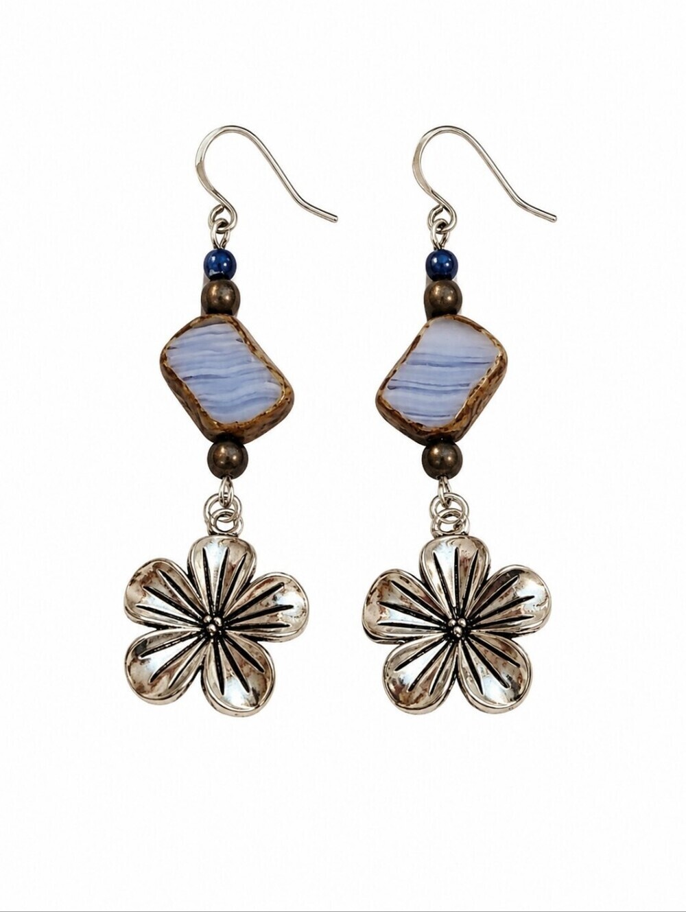HANDMADE Picasso Czech Glass Lapis Flower Charm Dangle Hook Earrings